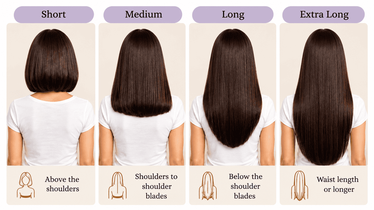Hair length guide: Small, above the shoulders; Medium, shoulders to shoulder blades; Long, below the shoulder blades; Extra Long, waist length or longer
